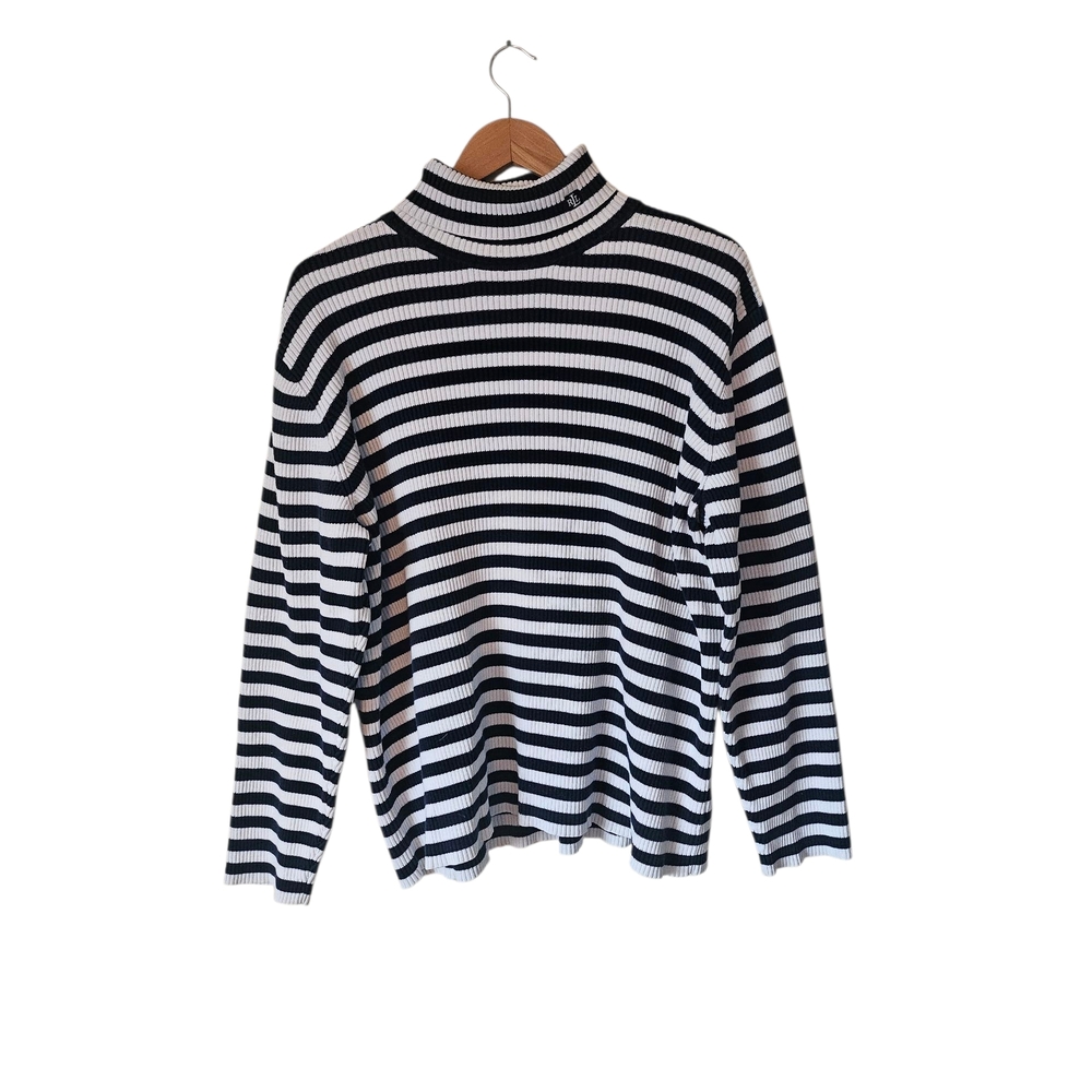 Ralph Lauren Preppy Navy White Stripe Thick Ribbed Cotton Turtleneck Sweater, 2X